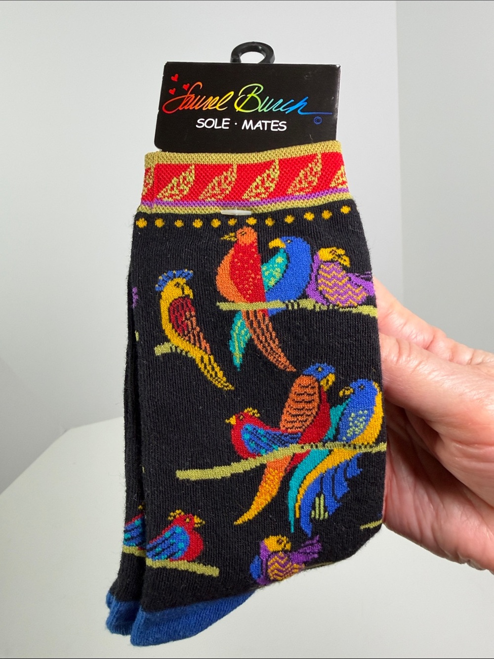 Laurel Burch Vintage Black Parrot Crew Socks Multicolor Birds Parakeet Cockatoo